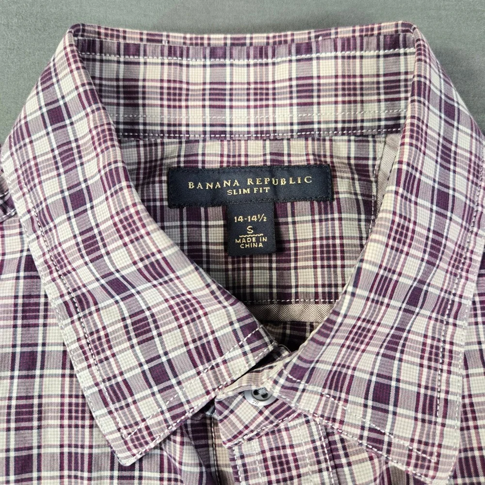 Banana Republic Men's Slim Fit Plaid Button Down Shirt Purple White Cotton Small